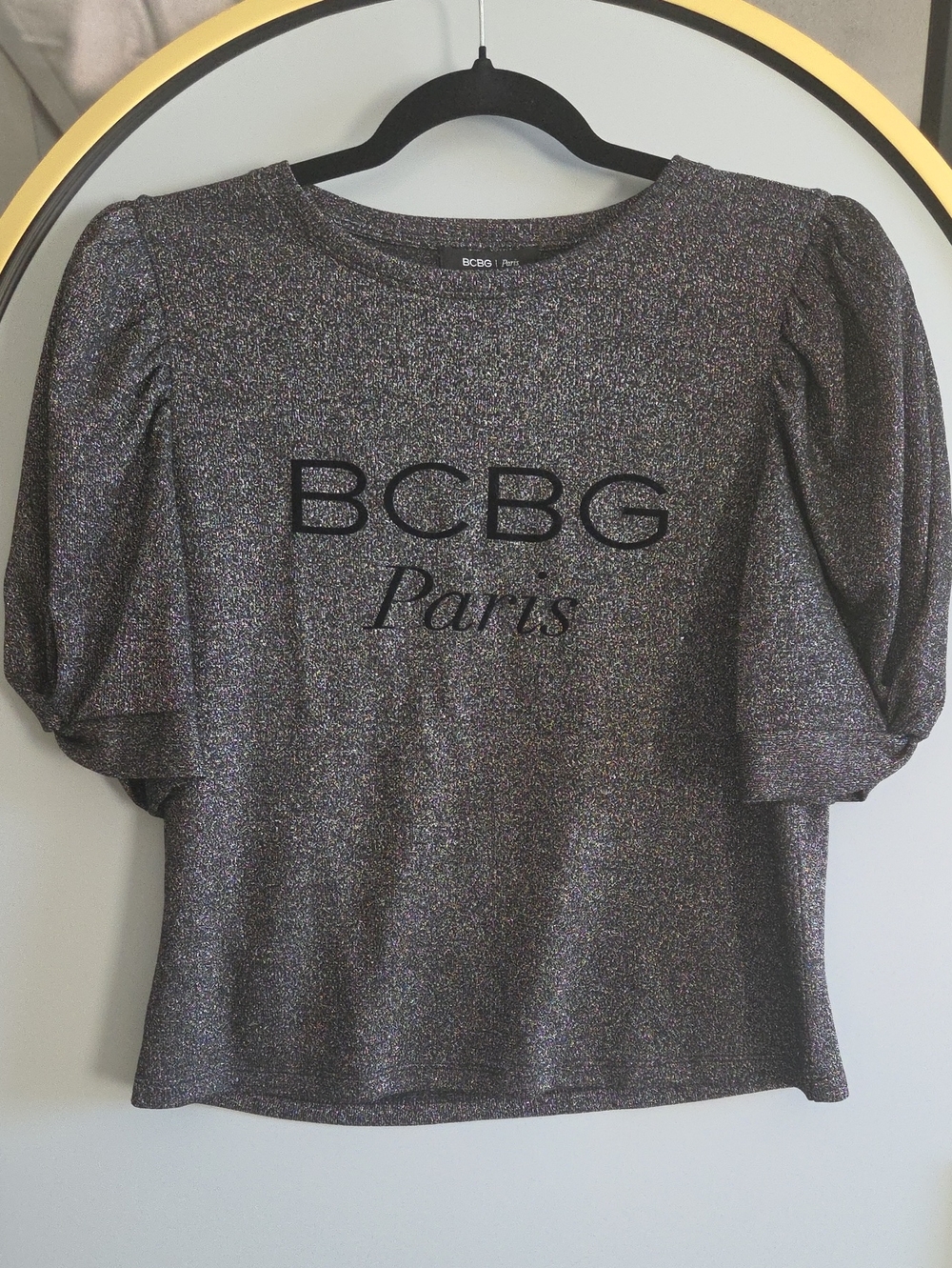 BCBG Paris Shimmery Charcoal Puff-Sleeve Tee
